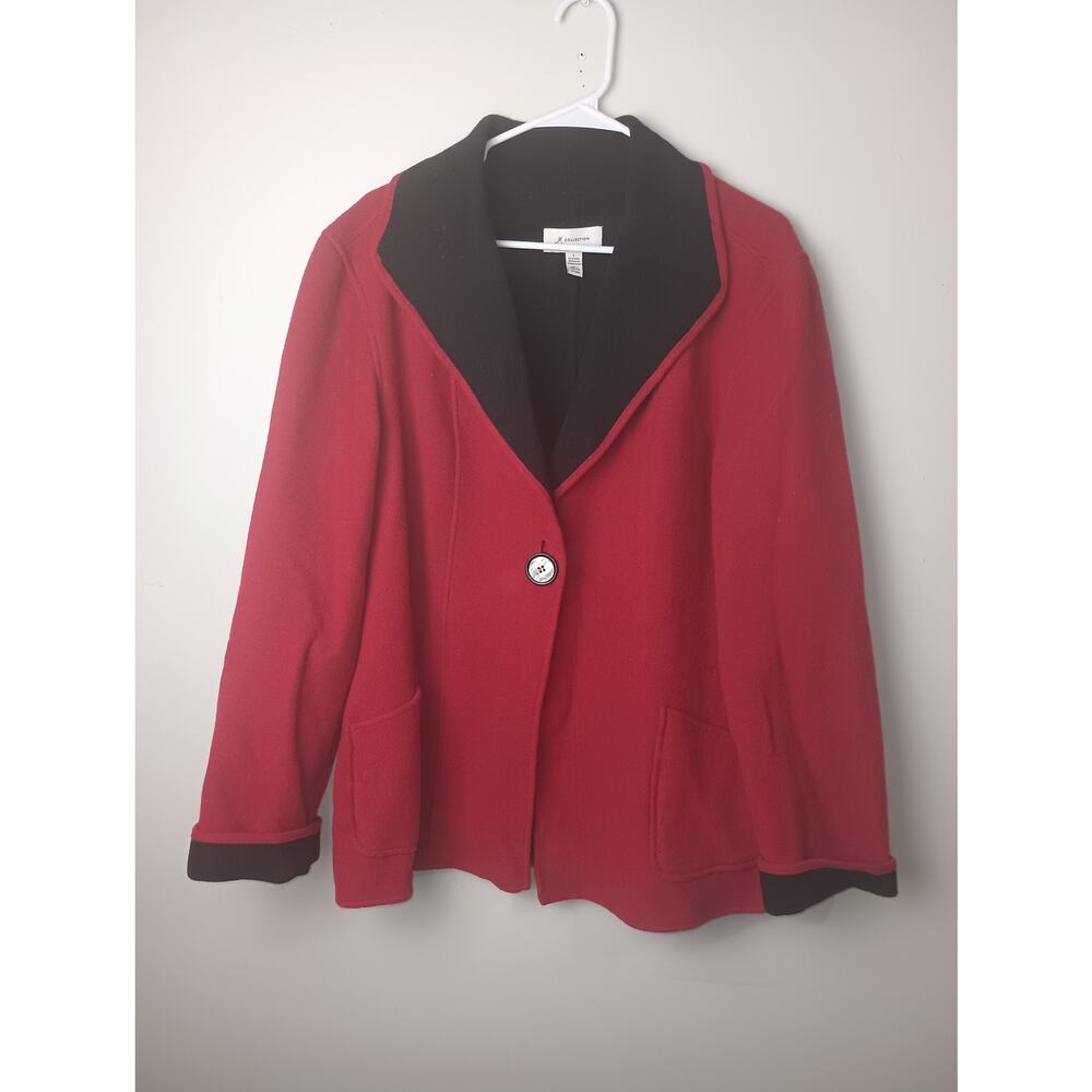 JM Collection Wool Red‎ Black Overcoat Button Women Size Large Xmas Holiday